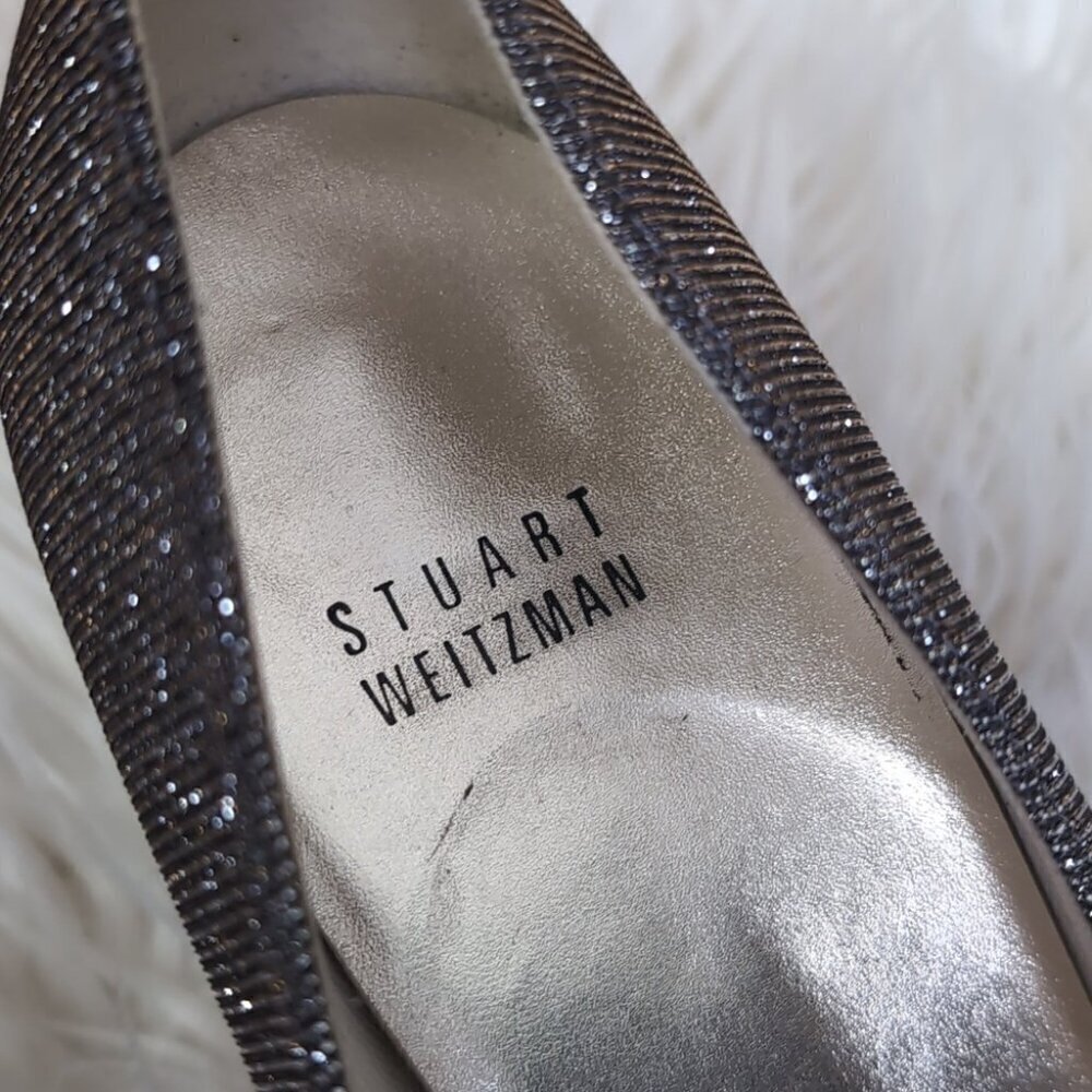 Stuart Weitzman bronze silver glitter bow peep toe heels - Picture 4 of 7